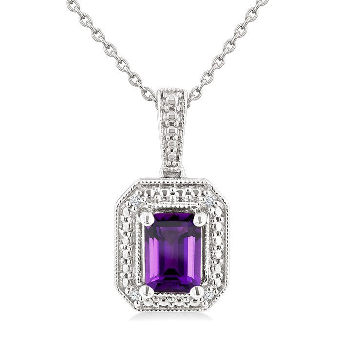 7X5 MM Octagon Shape Amethyst and 1/50 Ctw Round Cut Diamond Semi-precious Pendant With Chain in Sterling Silver