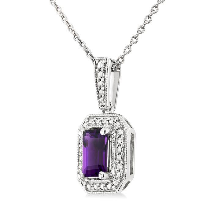 Silver Emerald Shape Gemstone & Diamond Pendant