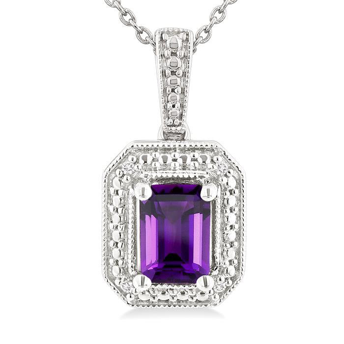 Silver Emerald Shape Gemstone & Diamond Pendant