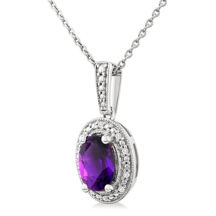 Silver Oval Shape Gemstone & Diamond Pendant