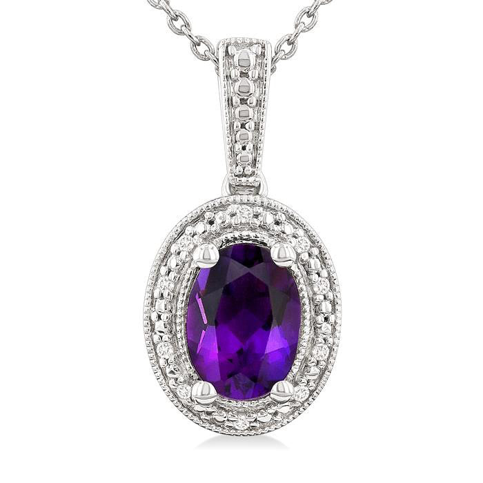 Silver Oval Shape Gemstone & Diamond Pendant