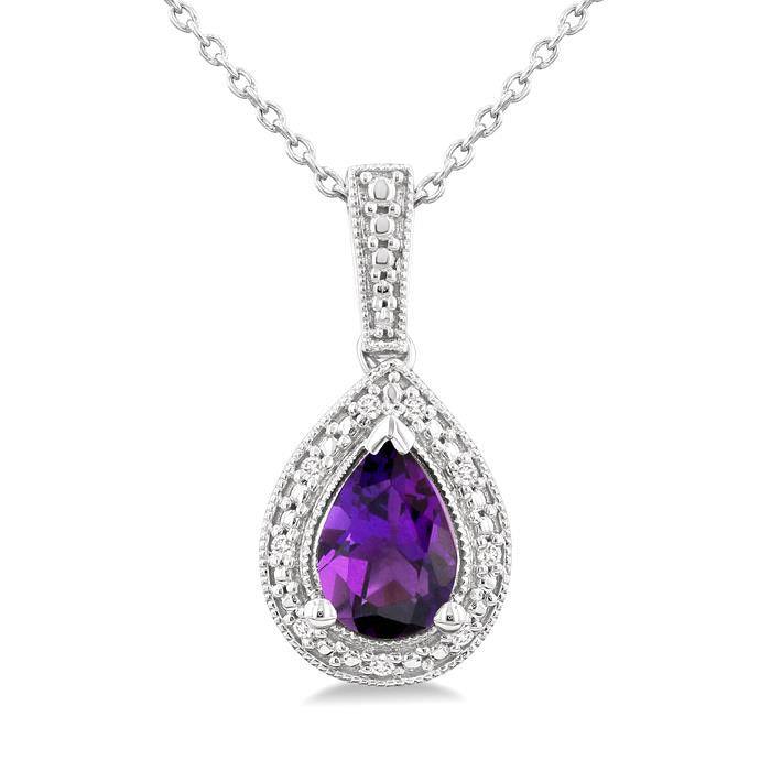 Silver Pear Shape Gemstone & Diamond Pendant