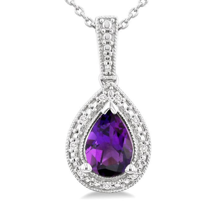 Silver Pear Shape Gemstone & Diamond Pendant