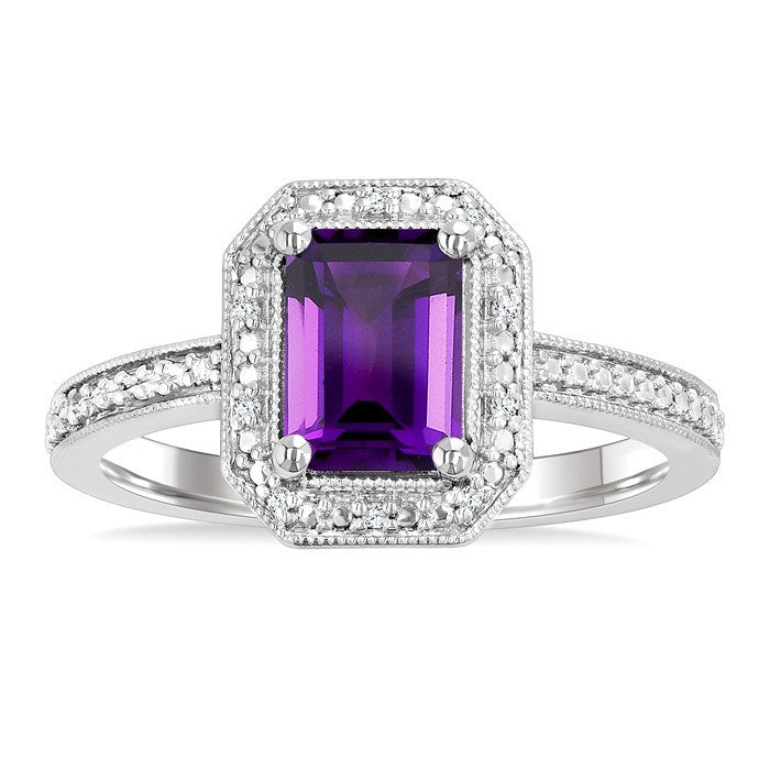 7x5 MM Octagon Shape Amethyst and 1/50 Ctw Round Cut Diamond Semi-precious Ring in Sterling Silver
