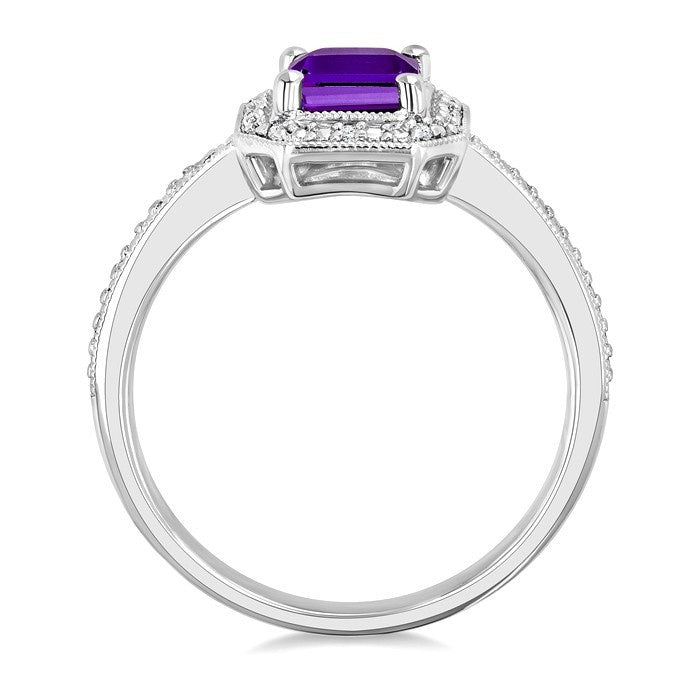 7x5 MM Octagon Shape Amethyst and 1/50 Ctw Round Cut Diamond Semi-precious Ring in Sterling Silver