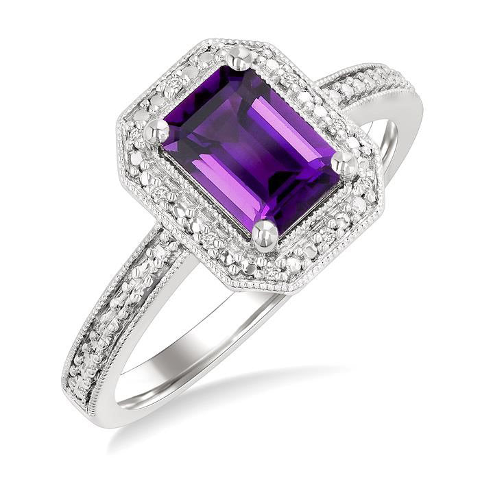 Silver Emerald Shape Gemstone & Diamond Ring
