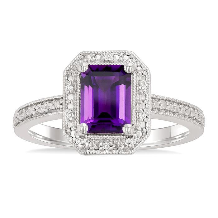 Silver Emerald Shape Gemstone & Diamond Ring