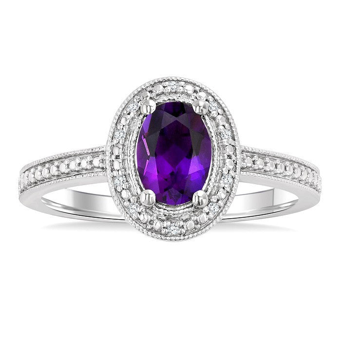 7x5 MM Oval Shape Amethyst and 1/50 Ctw Round Cut Diamond Semi-precious Ring in Sterling Silver