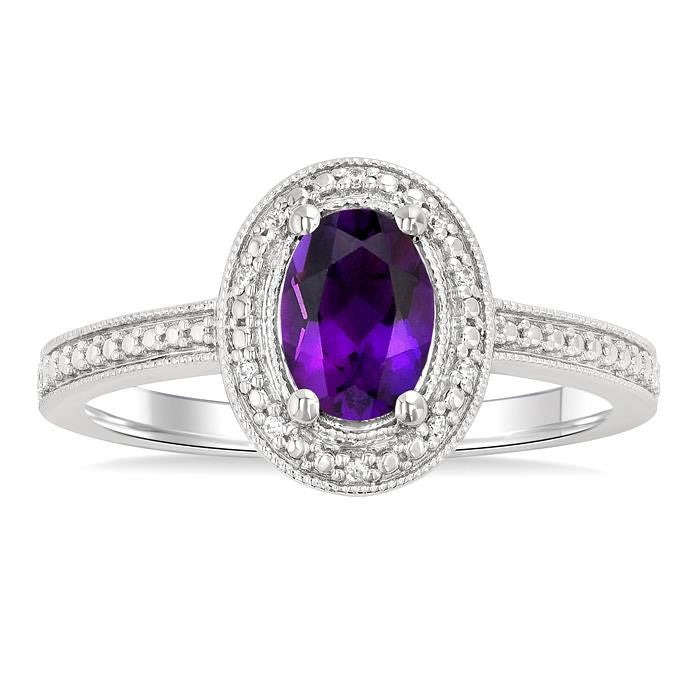 Silver Oval Shape Gemstone & Diamond Ring