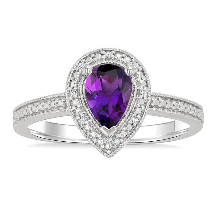 7x5 MM Pear Shape Amethyst and 1/50 Ctw Round Cut Diamond Semi-precious Ring in Sterling Silver