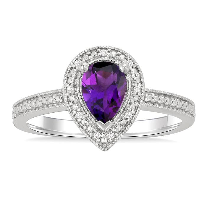 Silver Pear Shape Gemstone & Diamond Ring