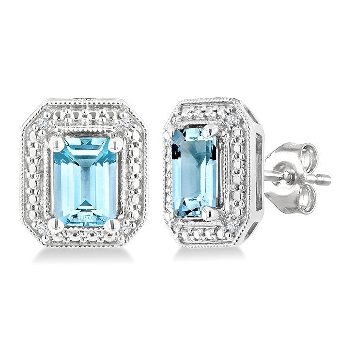 6X4 MM Octagon Shape Aquamarine and 1/50 Ctw Round Cut Diamond Semi-Precious Earrings in Sterling Silver