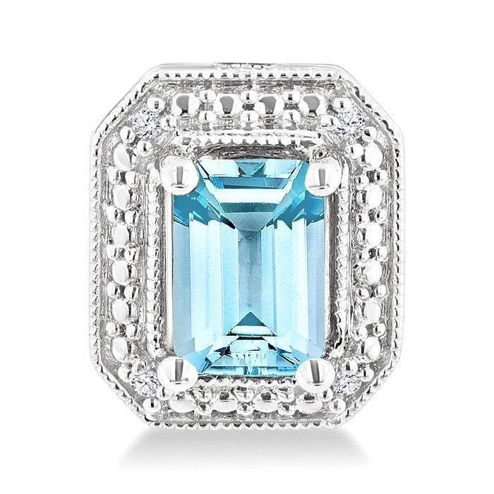 6X4 MM Octagon Shape Aquamarine and 1/50 Ctw Round Cut Diamond Semi-Precious Earrings in Sterling Silver