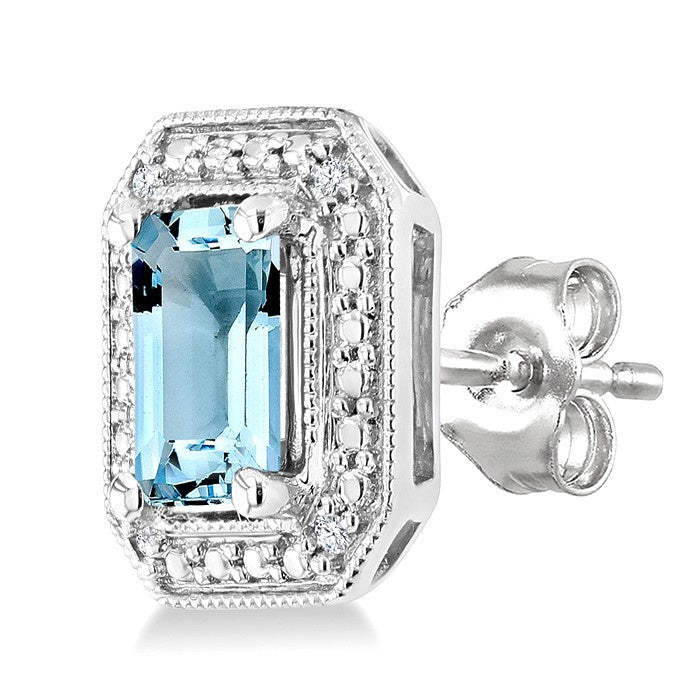 6X4 MM Octagon Shape Aquamarine and 1/50 Ctw Round Cut Diamond Semi-Precious Earrings in Sterling Silver