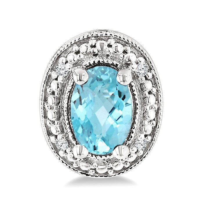 6X4 MM Oval Shape Aquamarine and 1/50 Ctw Round Cut Diamond Semi-Precious Earrings in Sterling Silver
