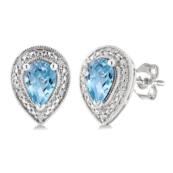 6X4 MM Pear Shape Aquamarine and 1/50 Ctw Round Cut Diamond Semi-Precious Earrings in Sterling Silver