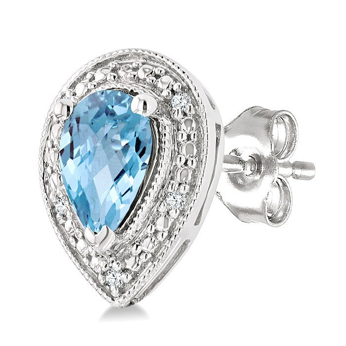 6X4 MM Pear Shape Aquamarine and 1/50 Ctw Round Cut Diamond Semi-Precious Earrings in Sterling Silver
