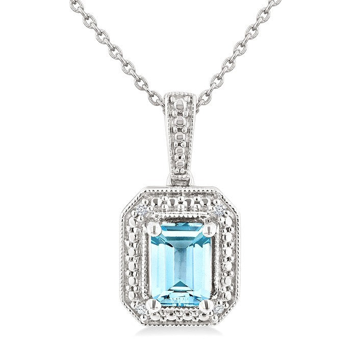 7X5 MM Octagon Shape Aquamarine and 1/50 Ctw Round Cut Diamond Semi-Precious Pendant With Chain in Sterling Silver