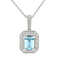 7X5 MM Octagon Shape Aquamarine and 1/50 Ctw Round Cut Diamond Semi-Precious Pendant With Chain in Sterling Silver