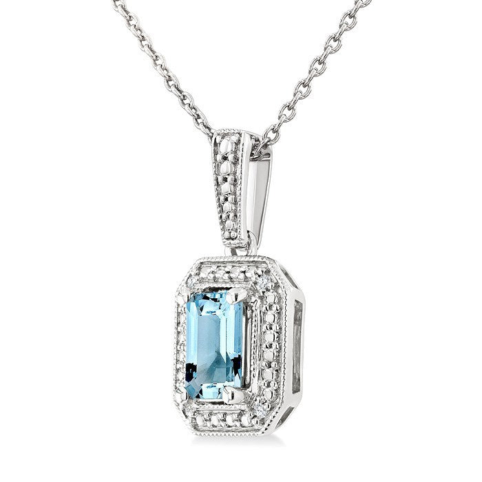 7X5 MM Octagon Shape Aquamarine and 1/50 Ctw Round Cut Diamond Semi-Precious Pendant With Chain in Sterling Silver