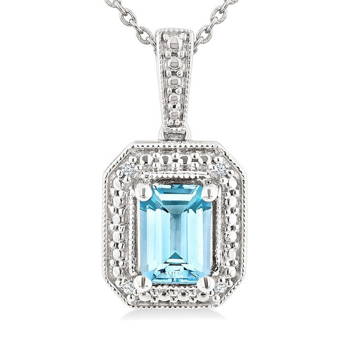 7X5 MM Octagon Shape Aquamarine and 1/50 Ctw Round Cut Diamond Semi-Precious Pendant With Chain in Sterling Silver