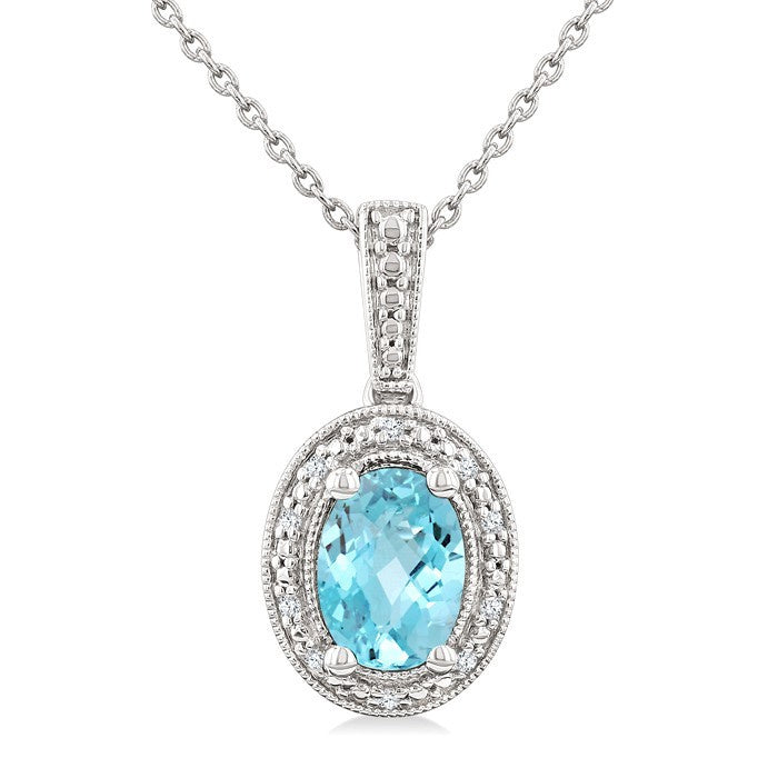 7X5 MM Oval Shape Aquamarine and 1/50 Ctw Round Cut Diamond Semi-Precious Pendant With Chain in Sterling Silver