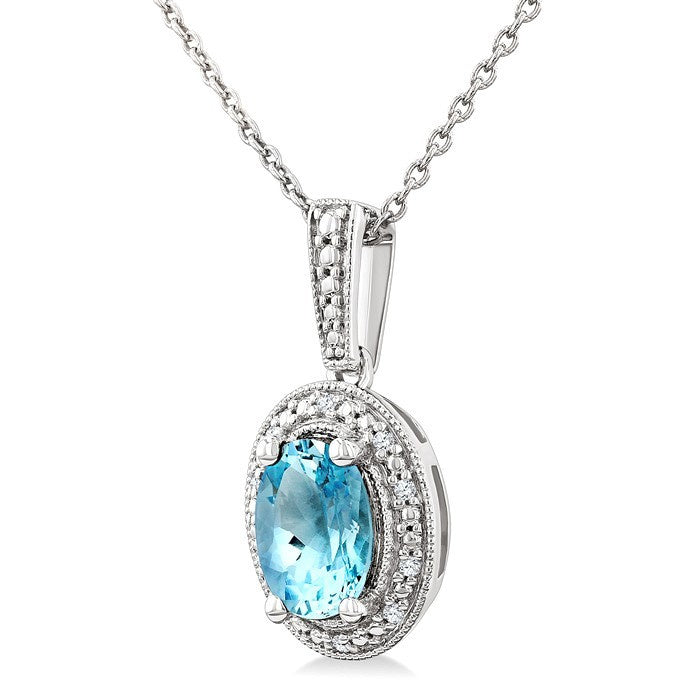 7X5 MM Oval Shape Aquamarine and 1/50 Ctw Round Cut Diamond Semi-Precious Pendant With Chain in Sterling Silver
