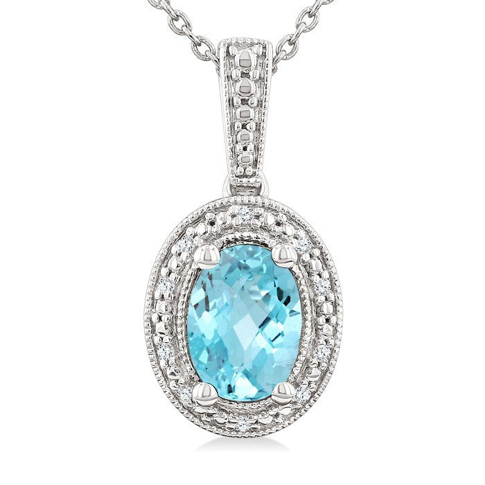 7X5 MM Oval Shape Aquamarine and 1/50 Ctw Round Cut Diamond Semi-Precious Pendant With Chain in Sterling Silver