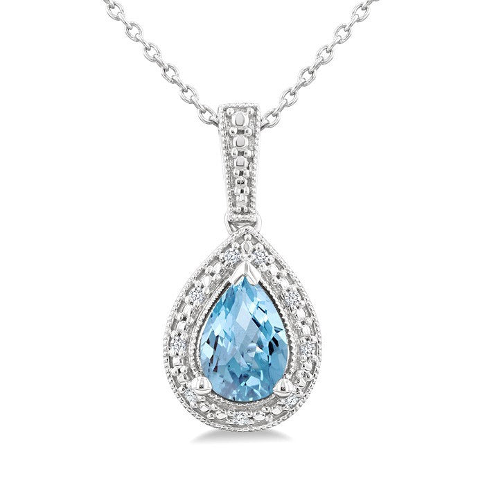 7X5 MM Pear Shape Aquamarine and 1/50 Ctw Round Cut Diamond Semi-Precious Pendant With Chain in Sterling Silver