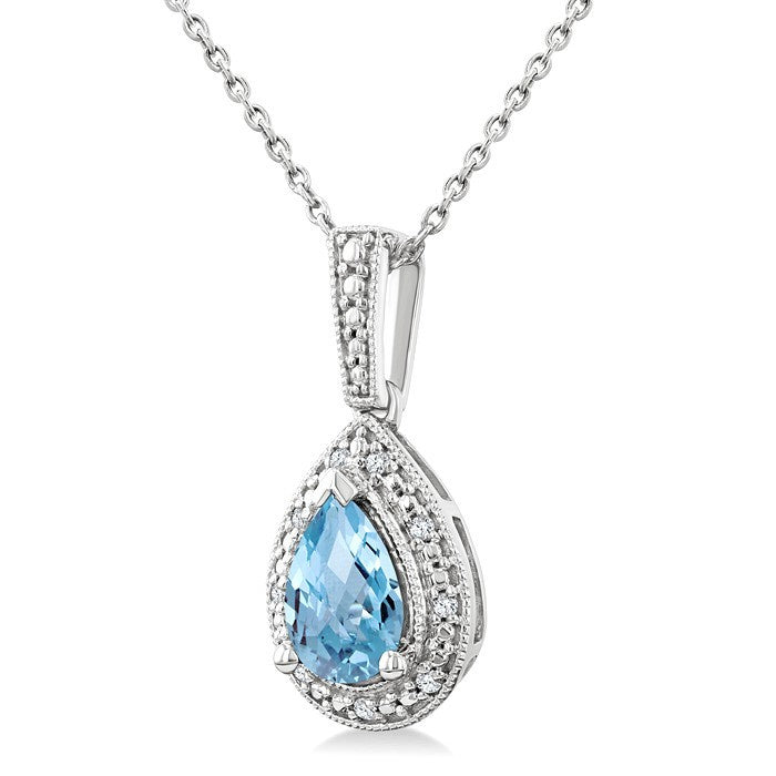 7X5 MM Pear Shape Aquamarine and 1/50 Ctw Round Cut Diamond Semi-Precious Pendant With Chain in Sterling Silver