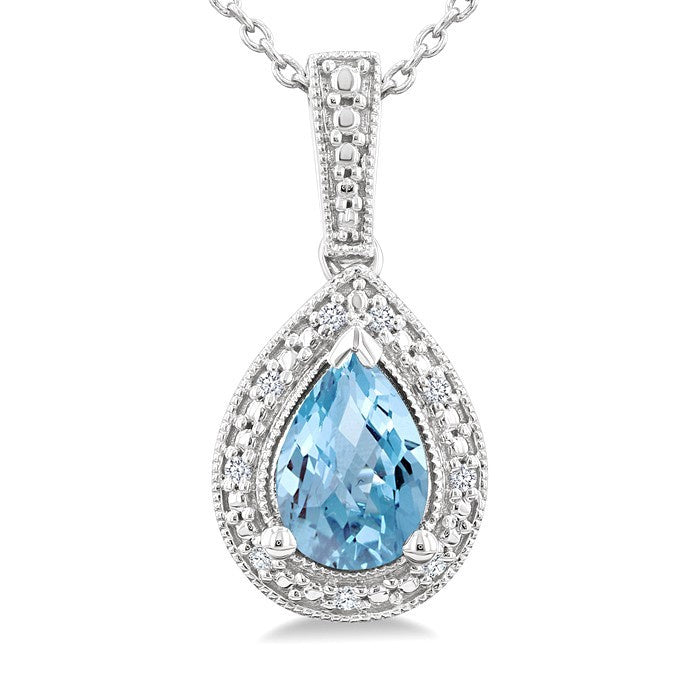 7X5 MM Pear Shape Aquamarine and 1/50 Ctw Round Cut Diamond Semi-Precious Pendant With Chain in Sterling Silver