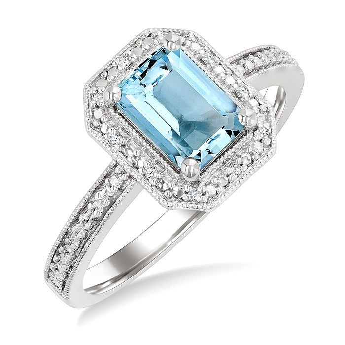 7X5 MM Octagon Shape Aquamarine and 1/50 Ctw Round Cut Diamond Semi-Precious Ring in Sterling Silver