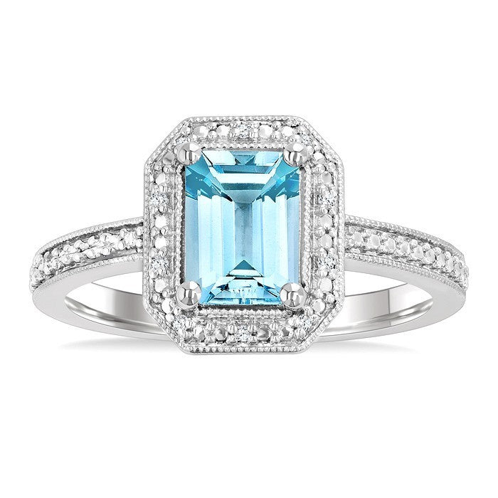 7X5 MM Octagon Shape Aquamarine and 1/50 Ctw Round Cut Diamond Semi-Precious Ring in Sterling Silver