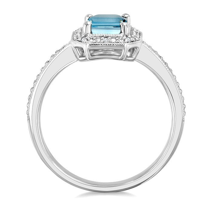 7X5 MM Octagon Shape Aquamarine and 1/50 Ctw Round Cut Diamond Semi-Precious Ring in Sterling Silver