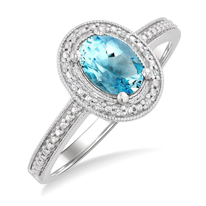 7X5 MM Oval Shape Aquamarine and 1/50 Ctw Round Cut Diamond Semi-Precious Ring in Sterling Silver