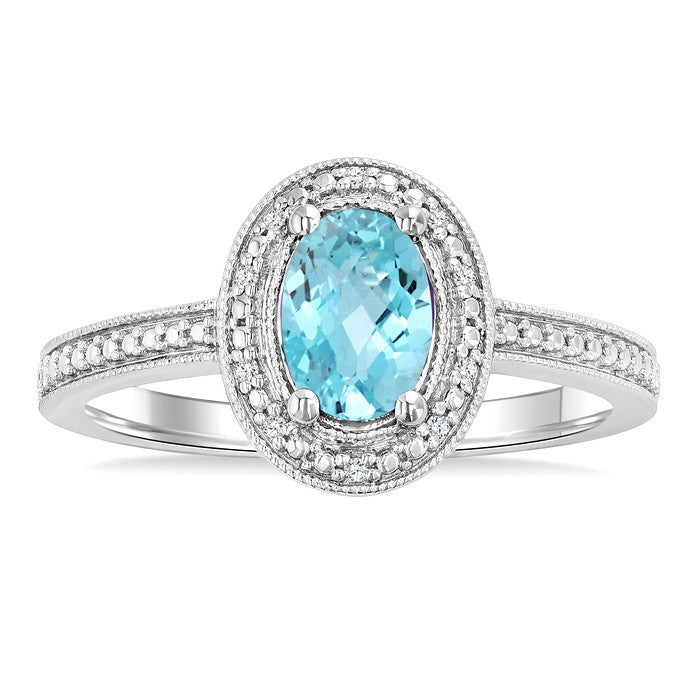 7X5 MM Oval Shape Aquamarine and 1/50 Ctw Round Cut Diamond Semi-Precious Ring in Sterling Silver