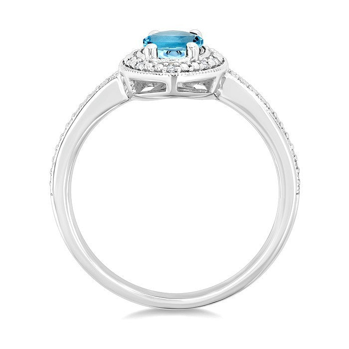 7X5 MM Oval Shape Aquamarine and 1/50 Ctw Round Cut Diamond Semi-Precious Ring in Sterling Silver