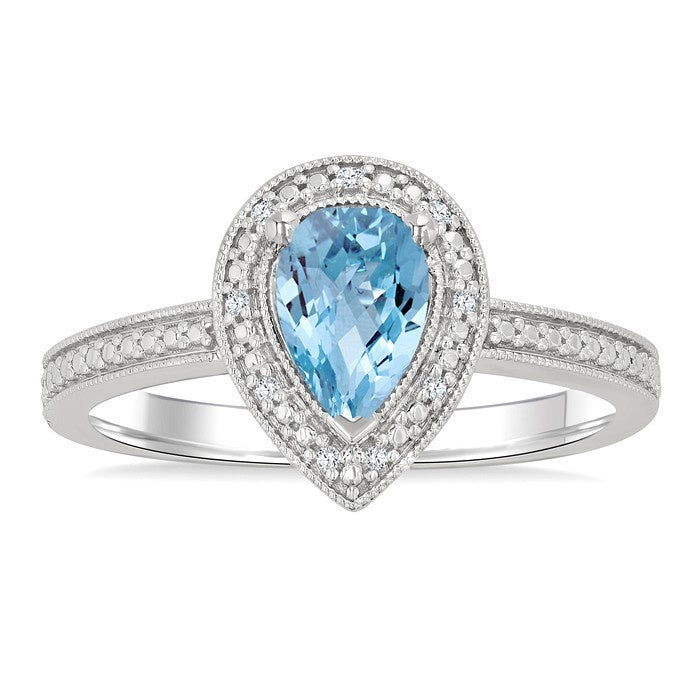 7X5 MM Pear Shape Aquamarine and 1/50 Ctw Round Cut Diamond Semi-Precious Ring in Sterling Silver