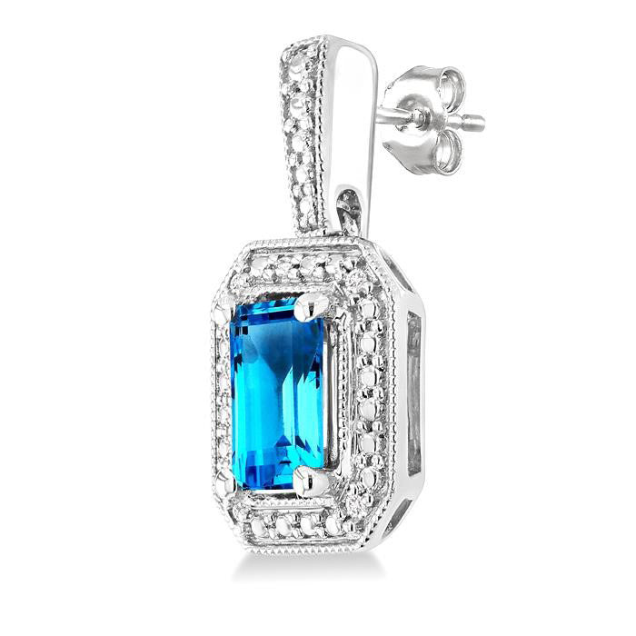 Silver Emerald Shape Gemstone & Diamond Earrings