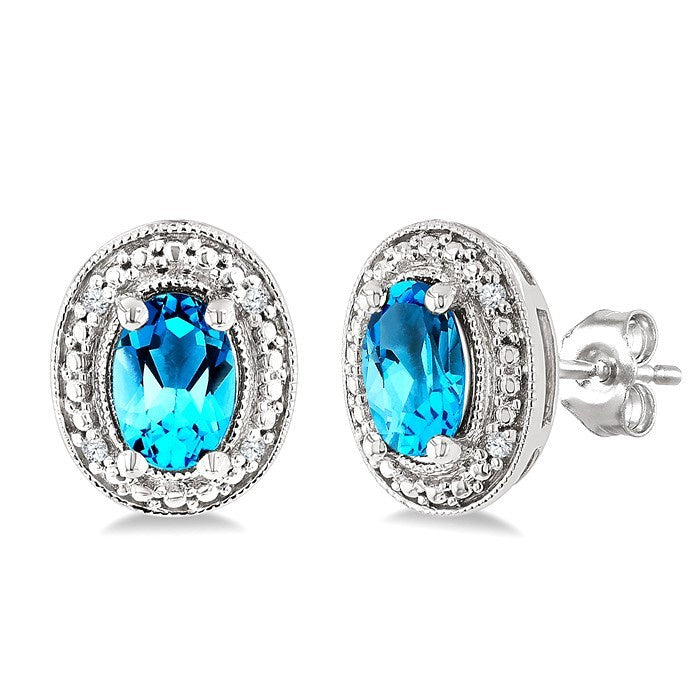 6X4 MM Oval Shape Blue Topaz and 1/50 Ctw Round Cut Diamond Semi-Precious Earrings in Sterling Silver