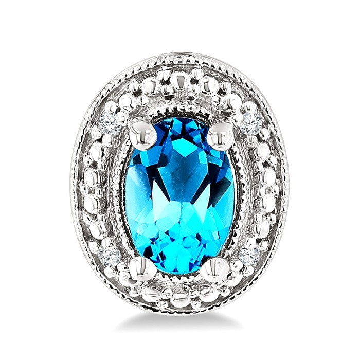 6X4 MM Oval Shape Blue Topaz and 1/50 Ctw Round Cut Diamond Semi-Precious Earrings in Sterling Silver