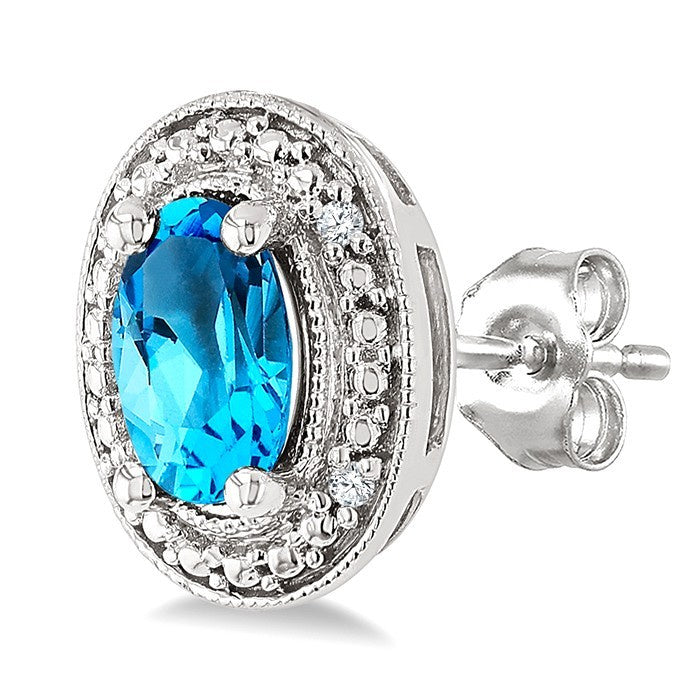 6X4 MM Oval Shape Blue Topaz and 1/50 Ctw Round Cut Diamond Semi-Precious Earrings in Sterling Silver