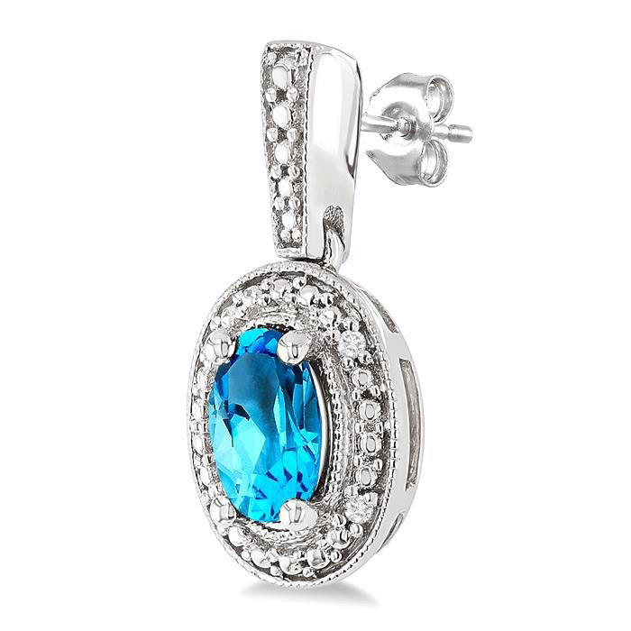 Silver Oval Shape Gemstone & Diamond Earrings
