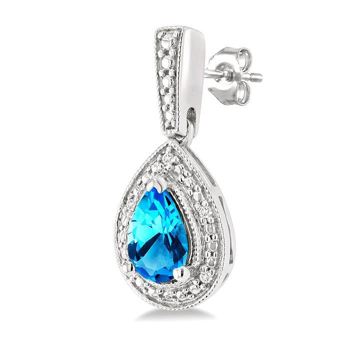 Silver Pear Shape Gemstone & Diamond Earrings