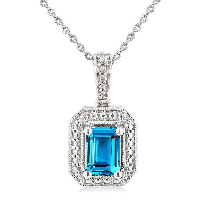 7X5 MM Octagon Shape Blue Topaz and 1/50 Ctw Round Cut Diamond Semi-precious Pendant With Chain in Sterling Silver