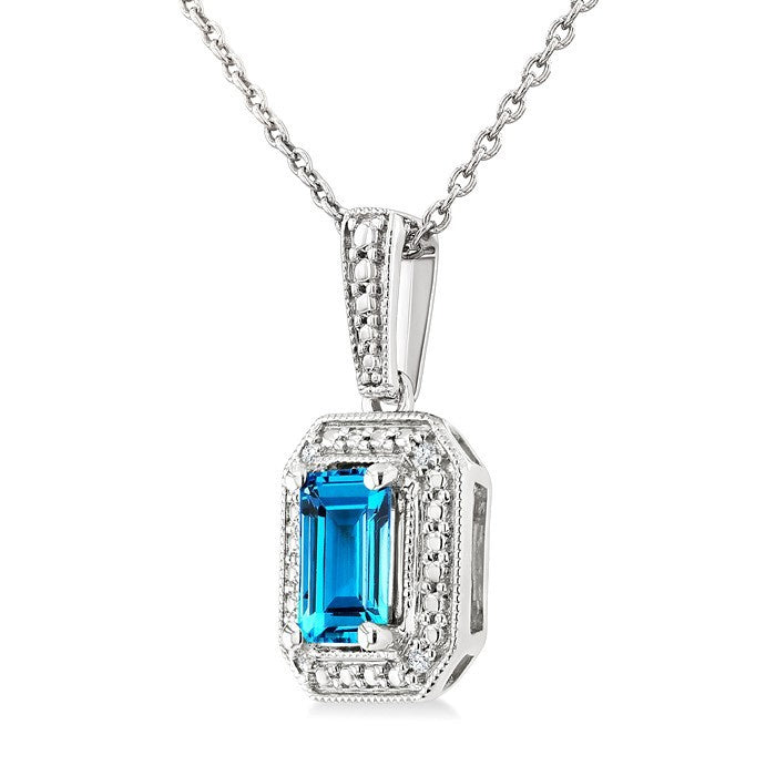 7X5 MM Octagon Shape Blue Topaz and 1/50 Ctw Round Cut Diamond Semi-precious Pendant With Chain in Sterling Silver