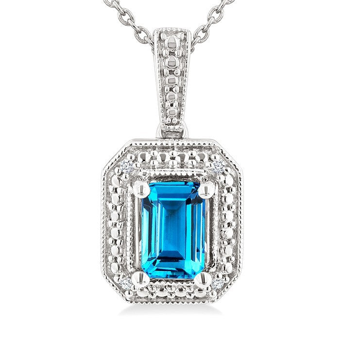7X5 MM Octagon Shape Blue Topaz and 1/50 Ctw Round Cut Diamond Semi-precious Pendant With Chain in Sterling Silver