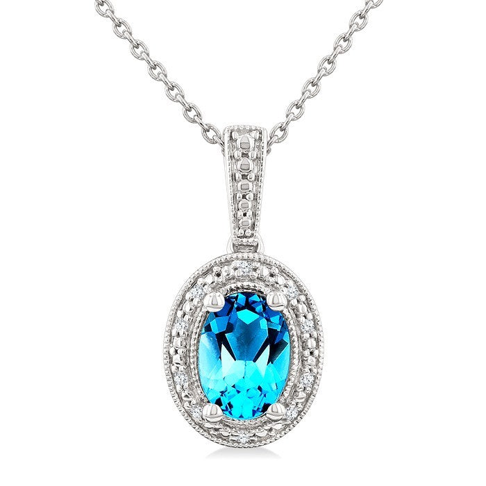 7X5 MM Oval Shape Blue Topaz and 1/50 Ctw Round Cut Diamond Semi-precious Pendant With Chain in Sterling Silver