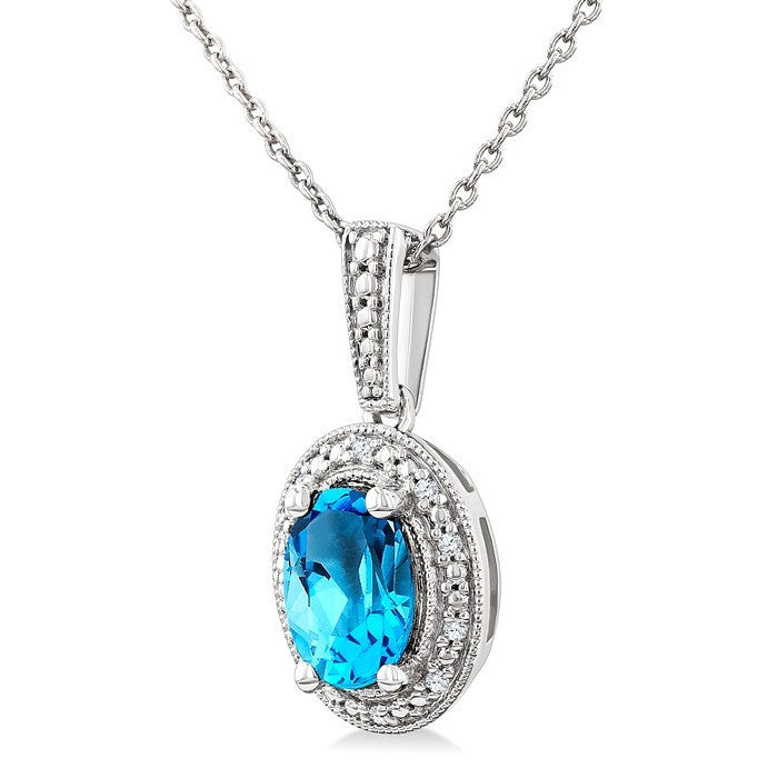 7X5 MM Oval Shape Blue Topaz and 1/50 Ctw Round Cut Diamond Semi-precious Pendant With Chain in Sterling Silver