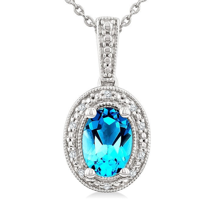 7X5 MM Oval Shape Blue Topaz and 1/50 Ctw Round Cut Diamond Semi-precious Pendant With Chain in Sterling Silver